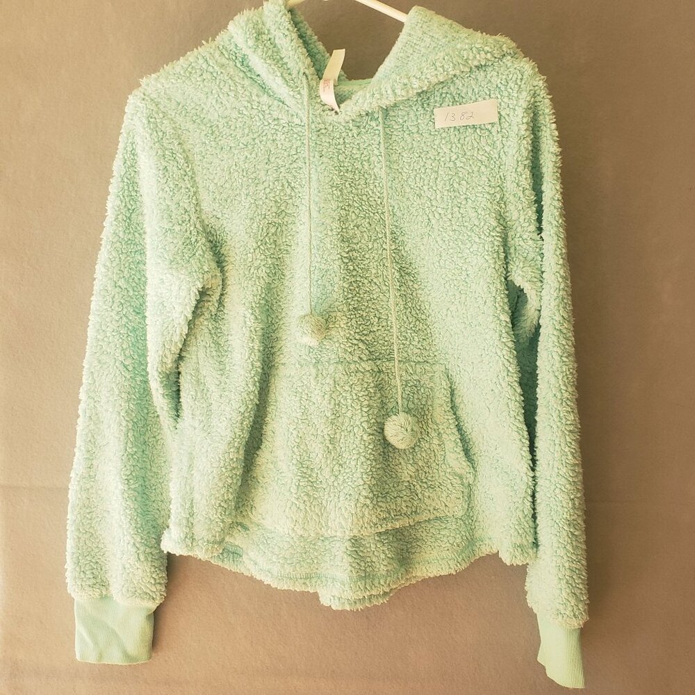 Xhilaration Womens XS Mint Green Sherpa Hoodie Pullover Pajama Top Fleece PomPom